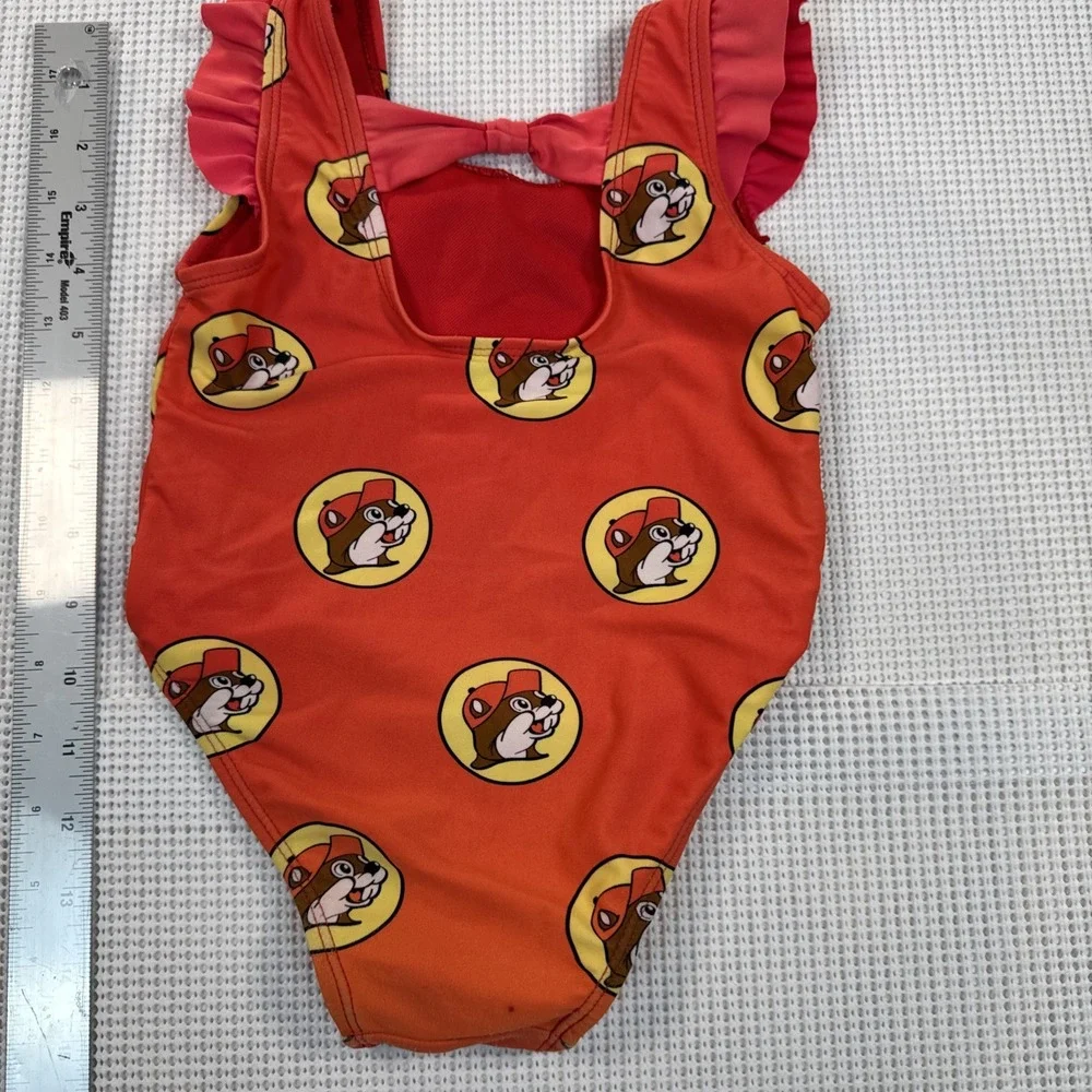 Buc-ee's Baby Swimsuit 12-18M One Piece Red Beaver Print Girls Ruffle Cute